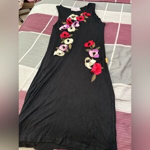 Vintage Mama Tayoe Black Midi Dress with Floral Embellishments. Size XL.
